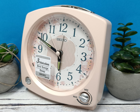 Budzik SEIKO QHP012P 12x13 cm śpiew ptaków melodie regulacja głośności